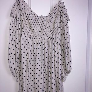 Polkadot off-the-shoulder shirt (M) white/navyblue